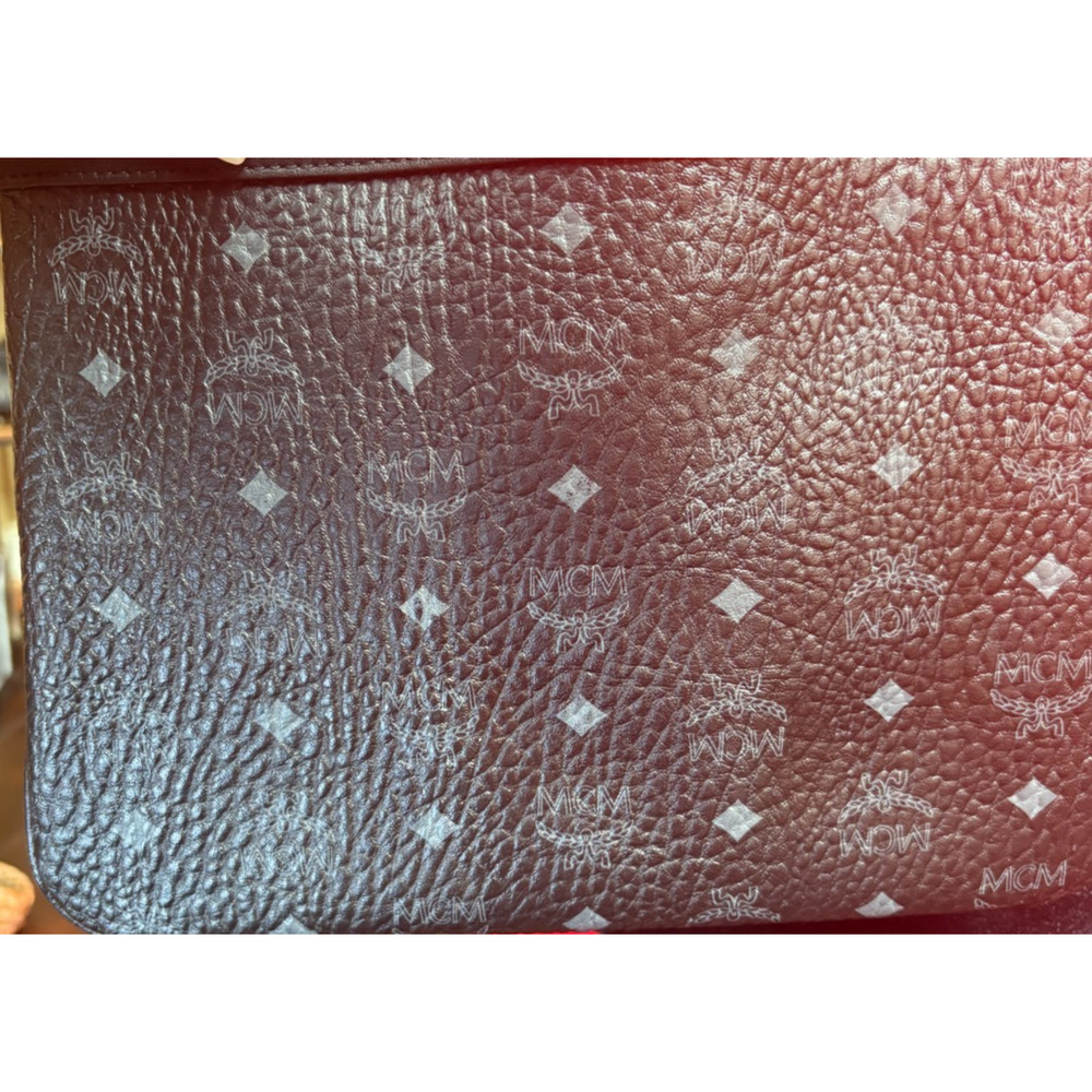 MCM Leather Veritas Visetos Logo Wristlet Purse Clutch Pouch Black & Grey